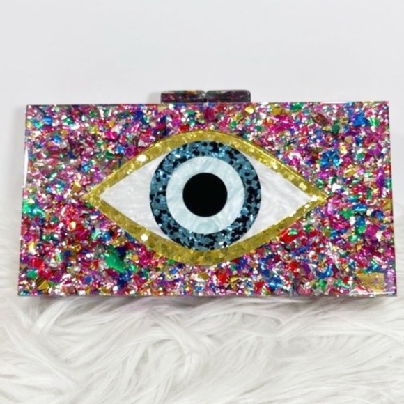 Evil Eye Acrylic Confetti Clutch Gold Chain Strap Handbag Multicolor Small - Picture 3 of 11